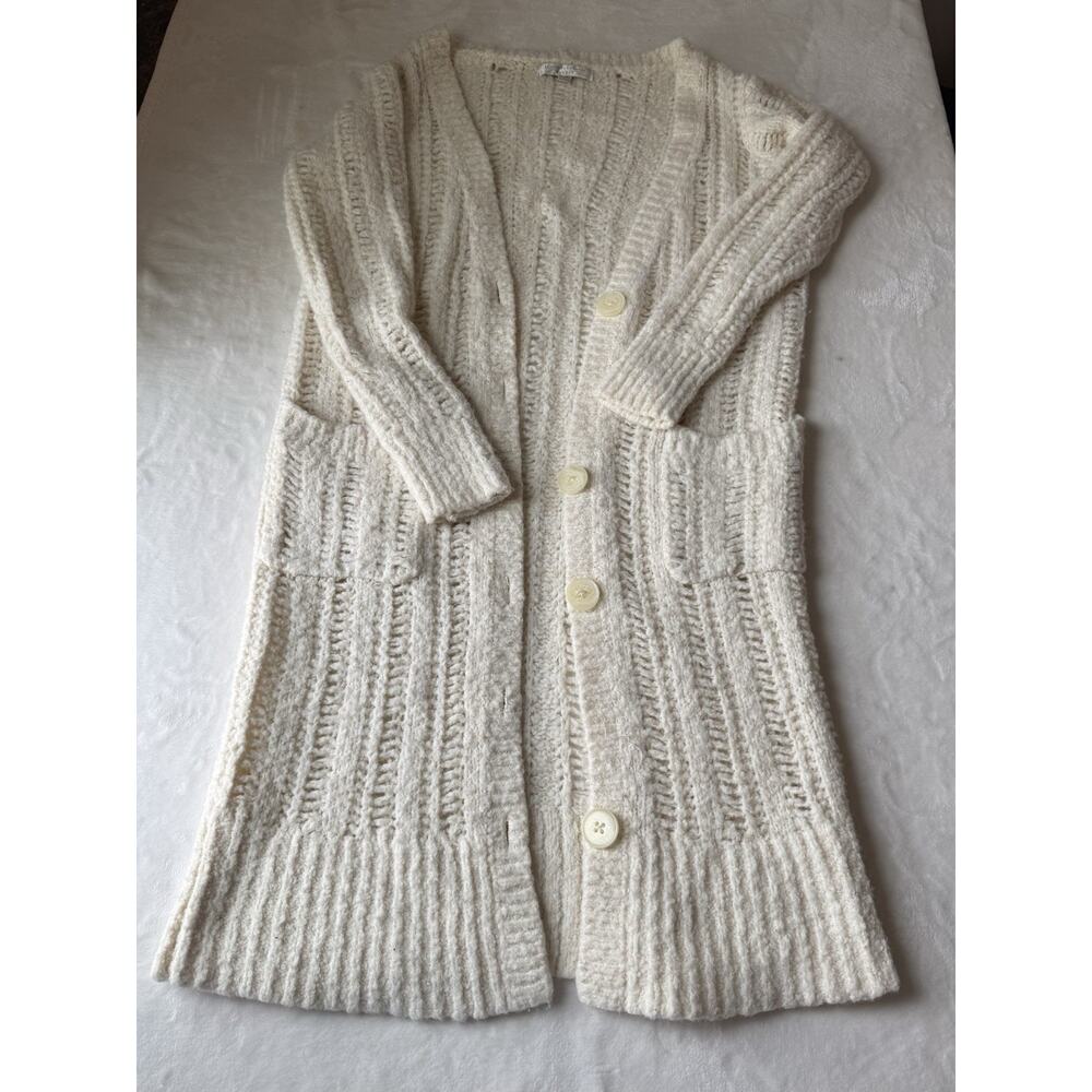 LC Lauren Conrad Ivory Open-Knit Cardigan Sweater Button Front V-Neck Pockets XS